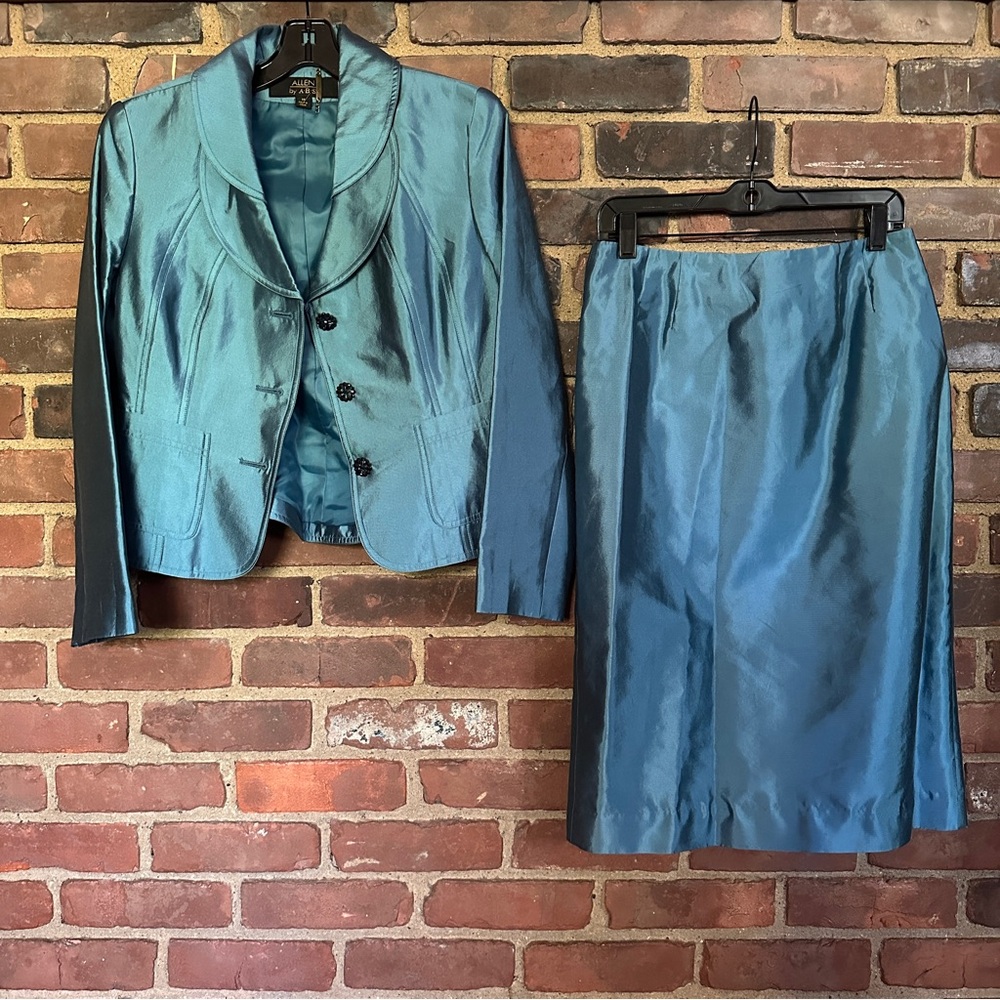 Allen by A.B.S. Blue Suit Jacket and Skirt Silk Cotton Sz 10